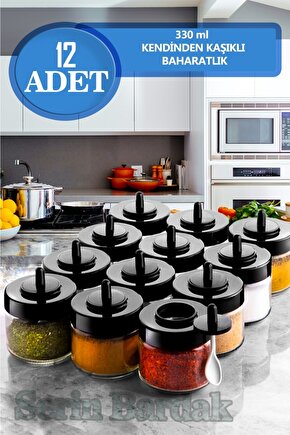 12 Adet Kapağı Kendinden Kaşıklı Baharat Takımı, 300 Ml
