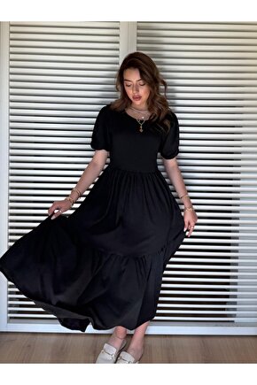 EQURİ Kadın Kısa Kollu Yakası Açık Katlı Bürümcük Balon Elbise