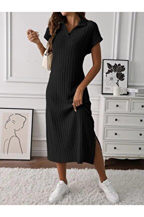 Kadın Kısa Kollu Yakalı Yandan Yırtmaçlı Kalın Fitilli Kaşkorse Elbise