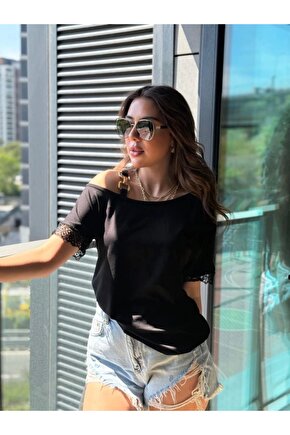 Kadın Tek Omuzu Askılı Kısa Kollu Toka Detaylı Dantelli Viskon Bluz