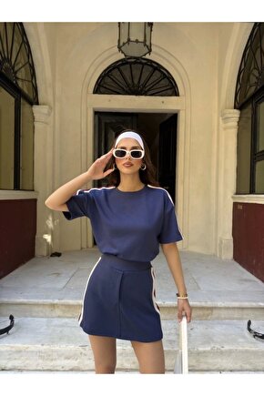 Osy Modal Yumuşak Dokulu Kumaş Parçalı Bisiklet Yaka T-shirt Mini Şortlu Etek İkili Takım -Lacivert