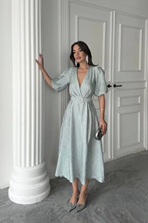 Mint Işıltılı Kemerli Kruvaze Elbise