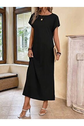 Kadın Uzun Kollu Yakası Açık Viskon Elbise