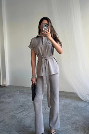 ÇİZGİLİ POLYVİSKON BLUZ - PANTOLON TAKIM - Gri