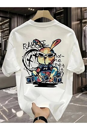 Baskılı Oversize Bisiklet Yaka T-shirt - Beyaz
