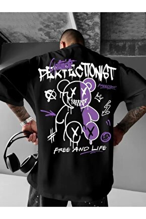 Baskılı Oversize Bisiklet Yaka T-shirt - Siyah