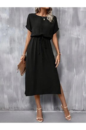 Kadın Kısa Kollu Yakası Açık Belden Bağlamalı Yırtmaçlı Viskon Elbise