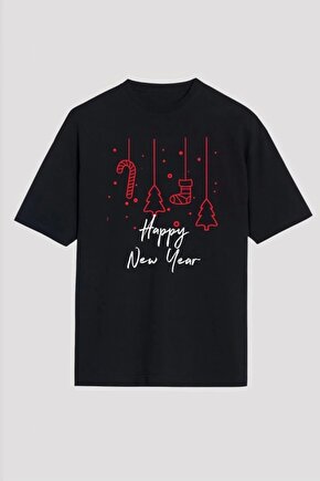 Happy New Year Baskılı T-shirt - Siyah