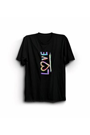 Sevgililer Günü İçin Özel Tasarım Love Baskılı T-shirt - Siyah