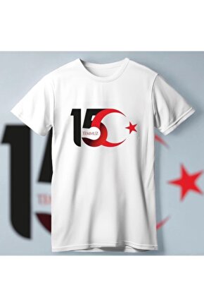 15 Temmuza Özel Tasarım Ay Yıldız Baskılı T-shirt - Beyaz