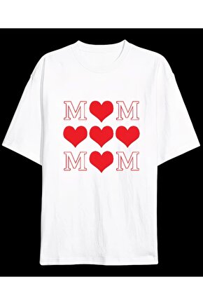 Anneler Gününe Özel Tasarım MOM Kalp Baskılı T-shirt - Beyaz