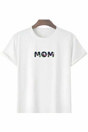 Anneler Gününe Özel Tasarım Mom Çiçek Baskılı T-shirt - Beyaz