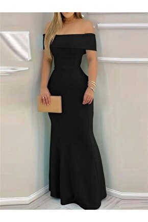 Kadın Kısa Kollu Madonna Yaka Belden Oturtmalı Uzun Ithal Krep Elbise