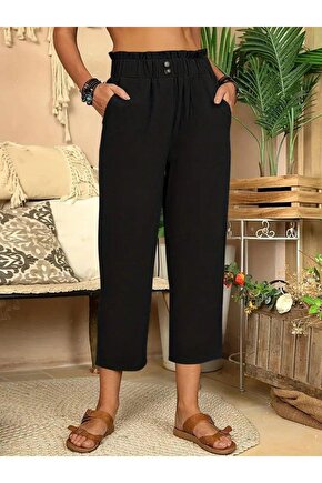 Kadın Bel Büzgü Ve Düğme Detay Kapri Keten Pantolon