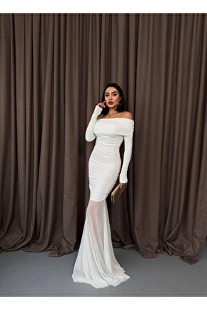 Tül Detaylı Straplez Elbise