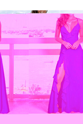 Kadın Ip Askılı Dekolteli Yırtmaç Detay Krep Elbise