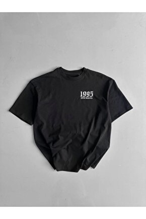 Baskılı Oversize Bisiklet Yaka T-shirt - Siyah