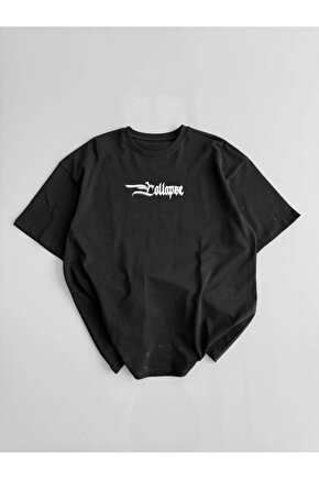 Baskılı Oversize Bisiklet Yaka T-shirt - Siyah