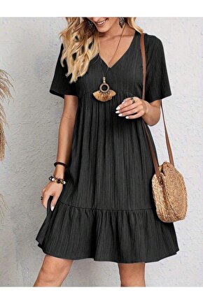 Kadın Kısa Kollu V Yakalı Fırfırlı Bürümcük Elbise