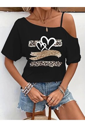 Kadın Tek Omuzu Açık Ip Askılı Baskılı Viskon Bluz