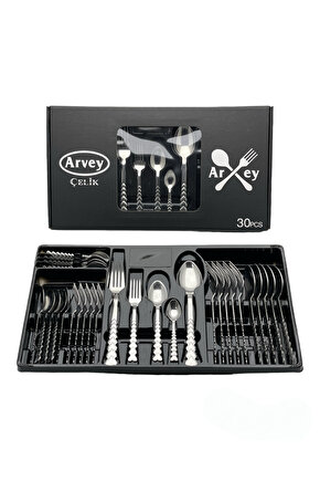 Kutulu 30 Parça 6 Kişilik Çatal Kaşık Takımı Kalpli Model