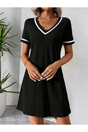 Kadın Kısa Kollu V çizgili Yakalı Kısa Viskon Elbise