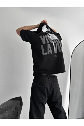 Baskılı Oversize Bisiklet Yaka T-shirt - Siyah