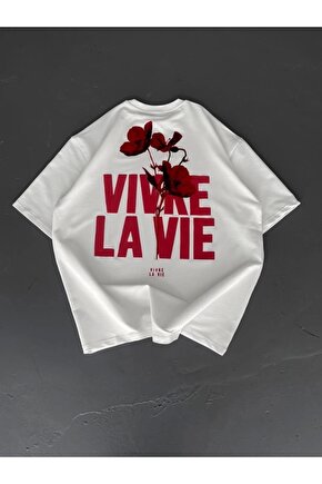 Baskılı Oversize Bisiklet Yaka T-shirt - Beyaz