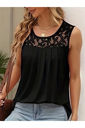 Kadın Askılı Yuvarlak Yaka Dantel Detaylı Viskon Bluz