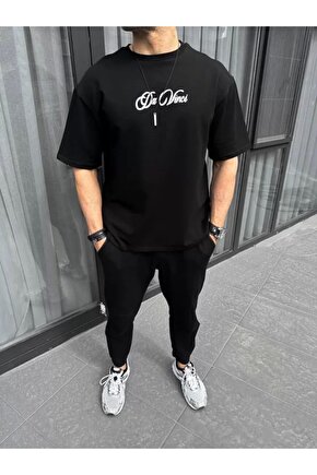 Unisex Baskılı Oversize T-Shirt - Siyah