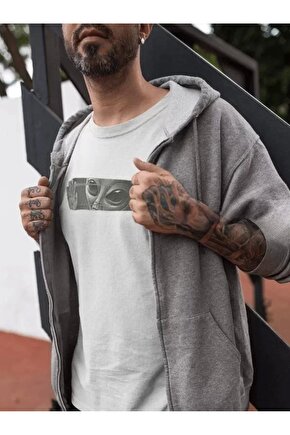 Unisex Bisiklet Yaka Baskılı Oversize T-Shirt - Beyaz