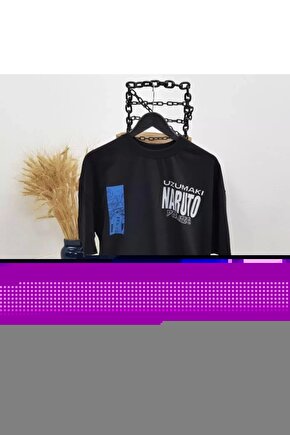 Unisex Bisiklet Yaka Baskılı Oversize T-Shirt - Siyah