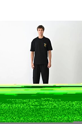 Unisex Bisiklet Yaka Baskılı Oversize T-Shirt - Siyah