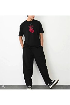 Unisex Bisiklet Yaka Baskılı Oversize T-Shirt - Siyah