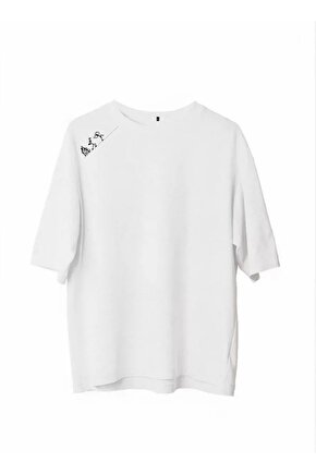 Unisex Bisiklet Yaka Baskılı Oversize T-Shirt - Beyaz