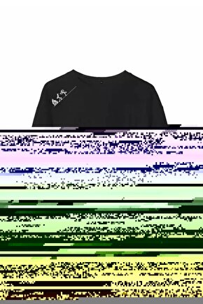 Unisex Bisiklet Yaka Baskılı Oversize T-Shirt - Siyah