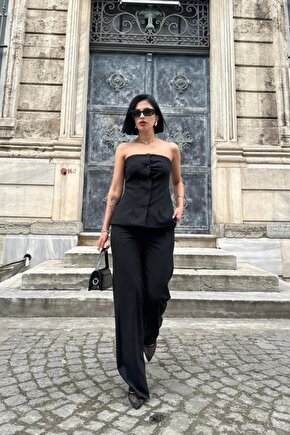 Siyah Straplez Düğmeli Crop Ve Pantolon Takım