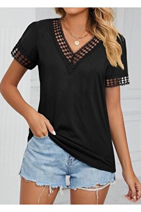Kadın Kısa Kollu V Yaka Dantel Yakalı Viskon Bluz