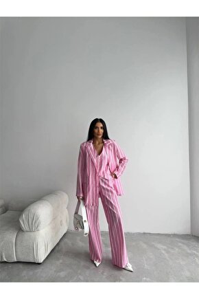 ÇİZGİİ CEKET KETEN Pembe