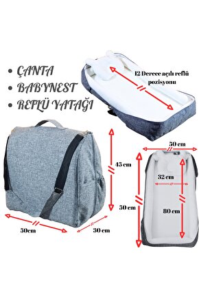 Çantalı Babynest, Bebek Çantası, Taşına Bilir Ebeveyn Yanı Reflü Yatağı Gri Dokuma Kumaş