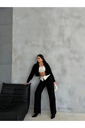 KETEN GÖMLEK-CROP-SALAŞ PANTOLON TAKIM - Siyah