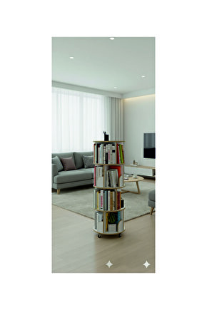 360° Dekoratif Döner Kitaplık -MDF LAM- Beyaz -4 kat- 133x45 Cm