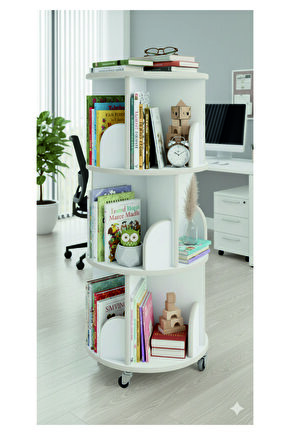 360° Mdflam Dekoratif Döner Kitaplık - Beyaz- 103x45