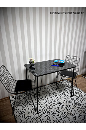 Siyah Metal Ayaklı 60x90 Siyah Mermer Desen Mutfak Masası -Balkon Masası-Çalışma Masası
