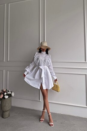 ÖNDEN DÜĞMELİ POPLİN KLOŞ ELBİSE BAĞLAMA KEMER DETAYLI - Beyaz