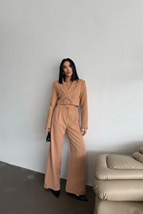 CROP CEKET - PANTOLON TAKIM GOLD DÜĞME DETAYLI - Kahverengi