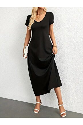 Kadın Kısa Kollu Yakası Yuvarlak Cepli Viskon Elbise