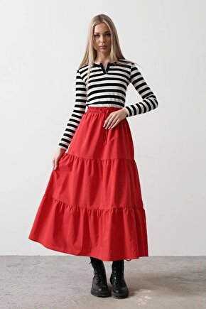 Pamuklu Beli astikli Etek  Kırmızı