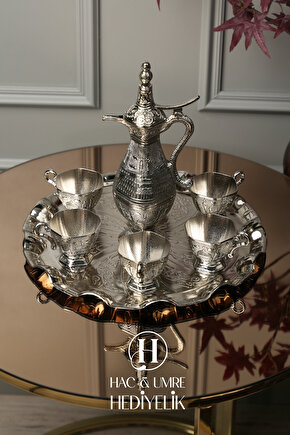 Zemzem Takımı | Zemzem Seti | El Yapımı Gümüş Zemzem Sunum Seti | Tepsi, İbrik ve Bardak Set