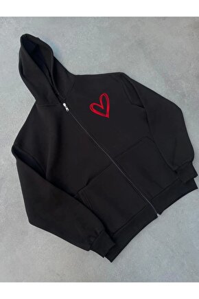 Üç İplik Baskılı Fermuarlı Kapşonlu Hırka iyah